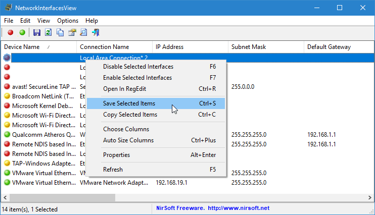 Screenshot for: NetworkInterfacesView 1.20